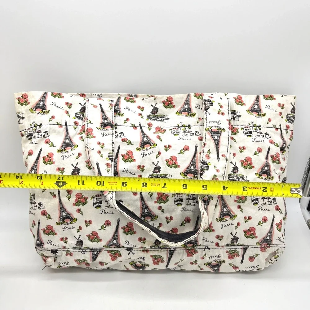 Jessie Steele Paris Eiffel Tower Rose Print Canvas Tote Bag Black Bow Accent